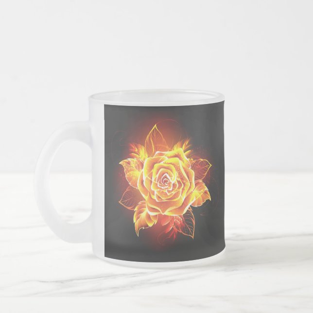Blooming Fire Rose Frosted Glass Coffee Mug (Left)
