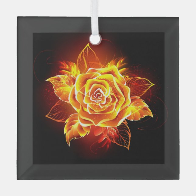 Blooming Fire Rose Glass Ornament (Front)