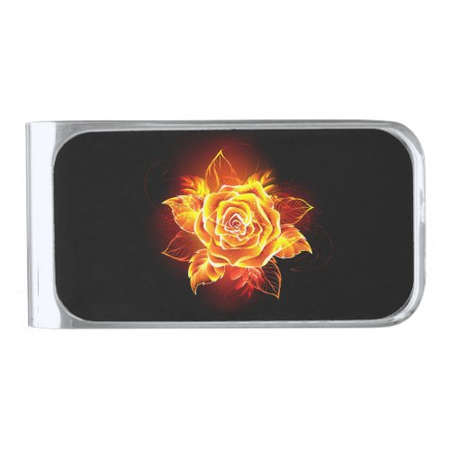 Blooming Fire Rose Silver Finish Money Clip