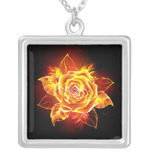 Blooming Fire Rose Silver Plated Necklace
