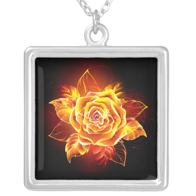 Blooming Fire Rose Silver Plated Necklace (Front)