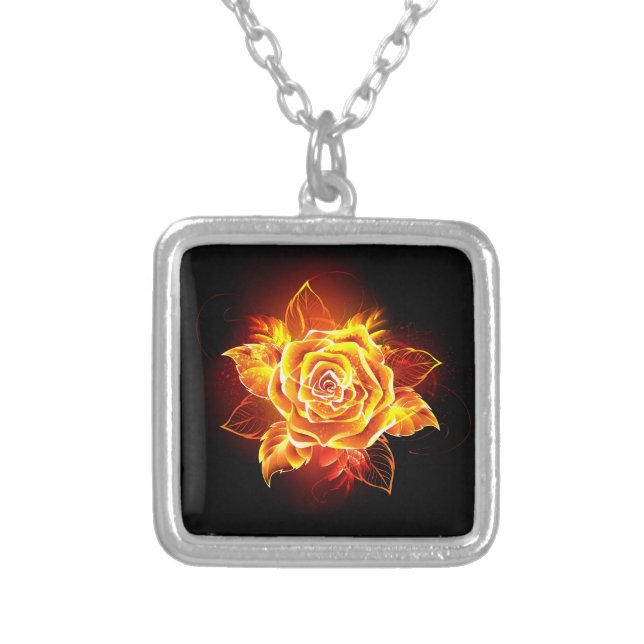 Blooming Fire Rose Silver Plated Necklace (Front)