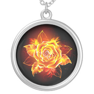 Blooming Fire Rose Silver Plated Necklace