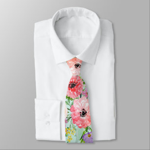 Blooming floral bouquet watercolor hand paint neck tie