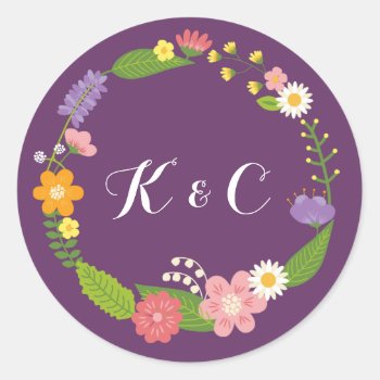 Blooming Floral Frame Rustic Garden Wedding Classic Round Sticker by classycelebrations at Zazzle