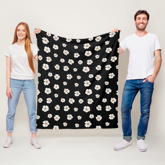 Blooming Floral Pattern Black Fleece (3 Sizes) Blanket (In Situ)