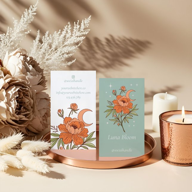 Blooming Floral Peony Celestial Holistic Moon  Business Card (Blooming Floral Peony Celestial Holistic Moon Business Card)