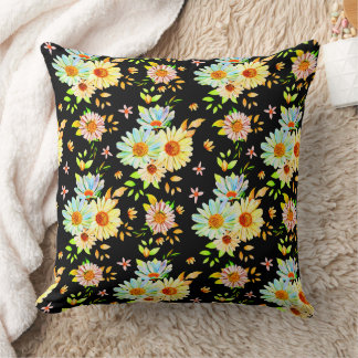 Blooming Flowers (Botanical Daisies) Floral Black Throw Pillow