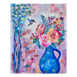 Blooming Flowers &amp; Hummingbird Oil Pastel Artwork Poster