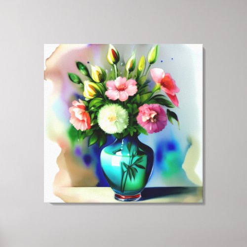 Blooming Flowers in a Vase Watercolor Art Canvas Print