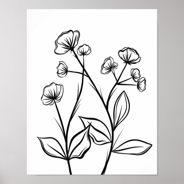 Blooming Flowers Line Art Black and White Poster (Front)