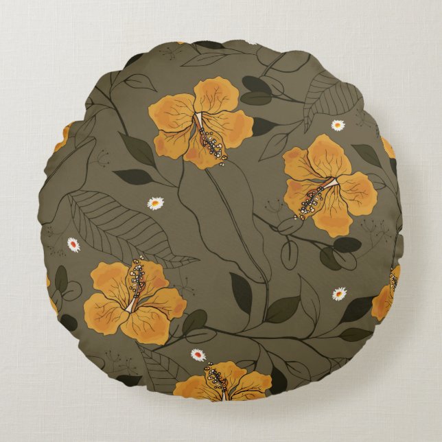 Blooming flowers seamless pattern round pillow (Front)