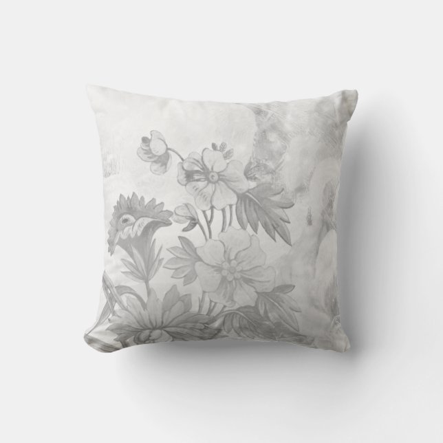 Blooming Flowers Soft Gray & White Throw Pillow (Front)