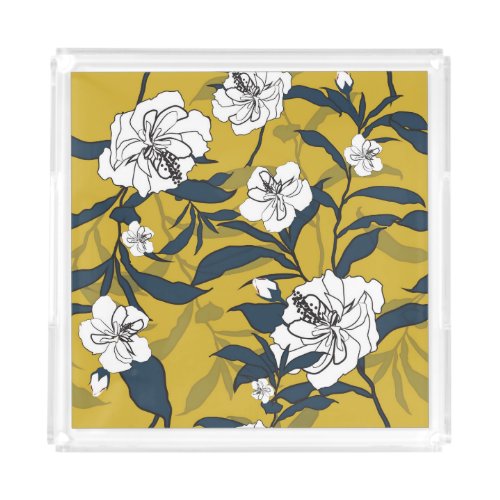 Blooming Flowers Yellow Vintage Seamless Acrylic Tray