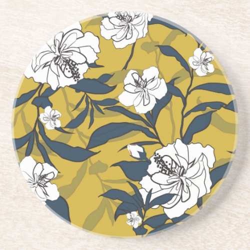 Blooming Flowers Yellow Vintage Seamless Coaster