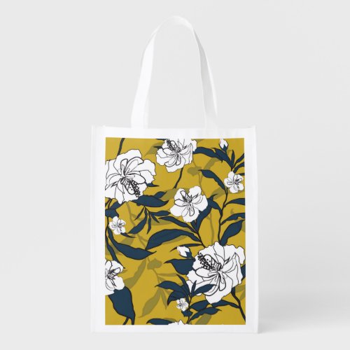 Blooming Flowers Yellow Vintage Seamless Grocery Bag