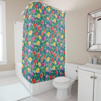 Blooming garden blossoms, rose flowers watercolor shower curtain
