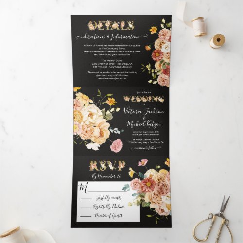 Blooming Garden floral Dark  Moody Wedding Tri_Fold Invitation