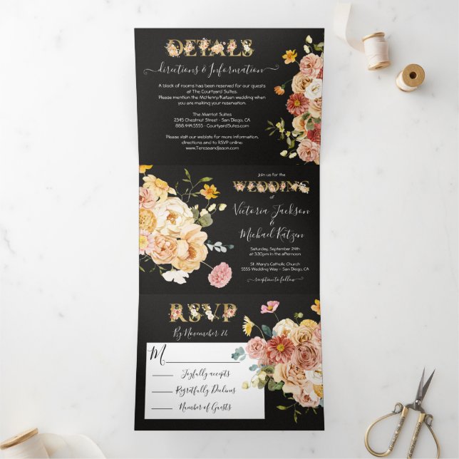 Blooming Garden floral Dark & Moody Wedding Tri-Fold Invitation (Inside)