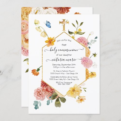 Blooming Garden Floral Light  Airy 1st Communion Invitation