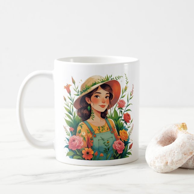 Blooming Gardener - Lady Gardener with Flowers Coffee Mug (With Donut)