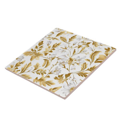 Blooming Gold Floral Branch On White Background Ceramic Tile