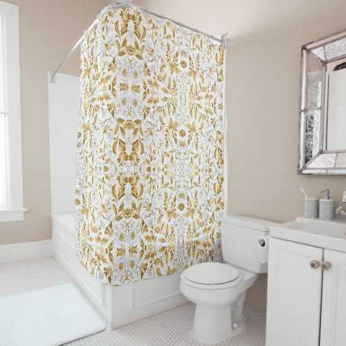 Blooming Gold Floral Branch On White Background Shower Curtain