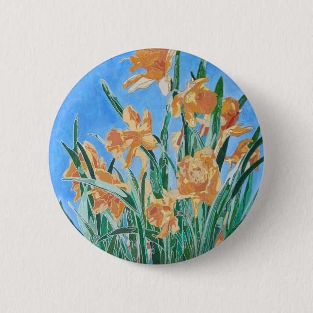 Blooming Golden Daffodils Bold Line Art Pinback Button (Front)