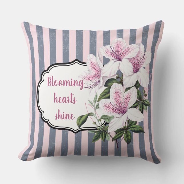  Blooming Hearts Striped Floral Throw Pillow (Front)