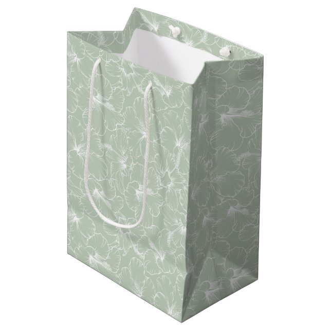 Blooming Hibiscus Flowers on Sage Medium Gift Bag (Front Angled)