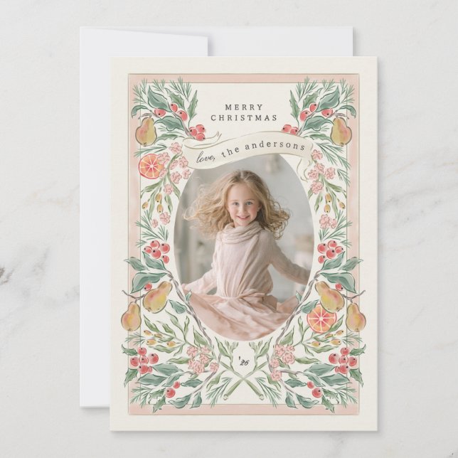 blooming holiday wreath fruits greeting card (Front)