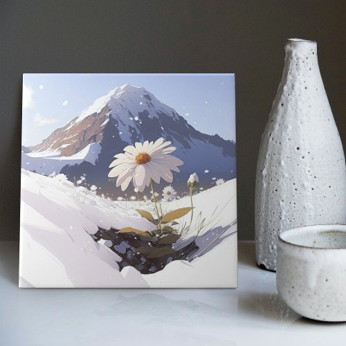 Blooming in Adversity A Snowy Mountain Daisy Ceramic Tile