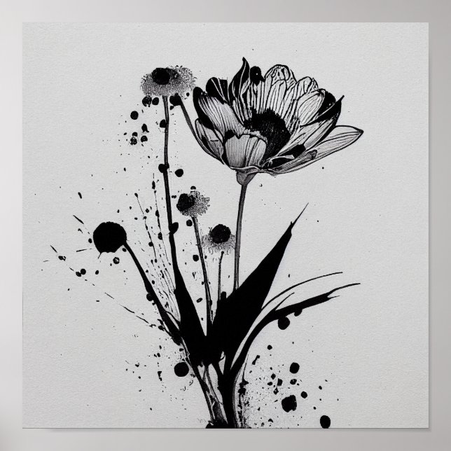 "Blooming Ink" - Digital Ink Blot Flower Painting  Poster (Front)