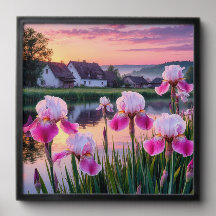 Blooming Irises by a Tranquil Lake at Sunset