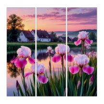 Blooming Irises by a Tranquil Lake at Sunset