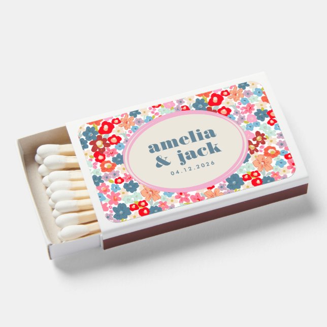 Blooming Joy Bright Floral Maximalist Wedding Matchboxes (Front Open)