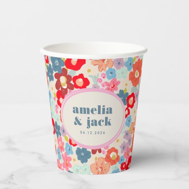 Blooming Joy Bright Floral Maximalist Wedding Paper Cups (Front)