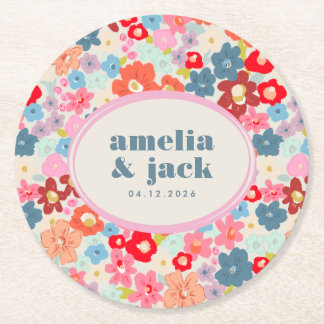 Blooming Joy Bright Floral Maximalist Wedding Round Paper Coaster