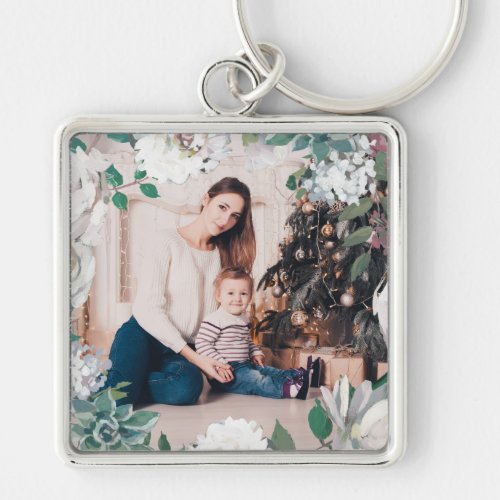 Blooming Joy Floral Christmas Photo Keychain