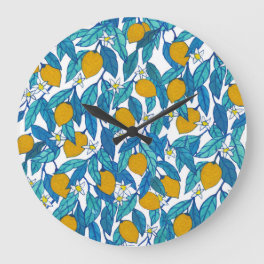 Blooming Lemon: Watercolor Floral Design. Large Clock