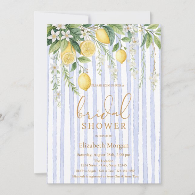  Blooming Lemons Blue Striped Bridal Shower Invitation (Front)