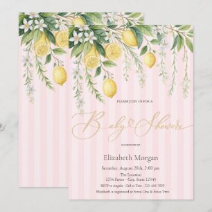 Blooming Lemons Pink Striped Baby Shower Invitation