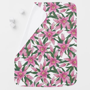 Blooming Lilies in Pastel Pink on White Baby Blanket