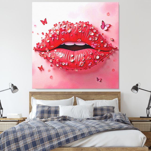 Blooming Lips: Floral Butterfly Kiss Canvas Print (Insitu(Bedroom))