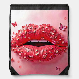 Blooming Lips: Floral Butterfly Kiss Drawstring Bag