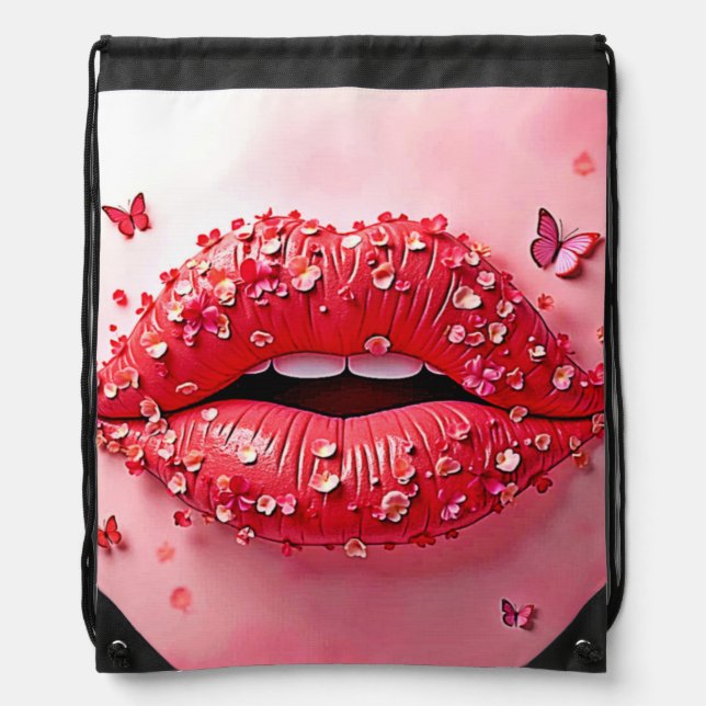 Blooming Lips: Floral Butterfly Kiss Drawstring Bag (Front)