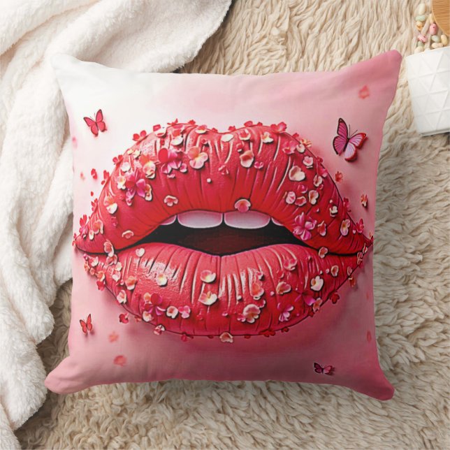 Blooming Lips: Floral Butterfly Kiss Throw Pillow (Blanket)