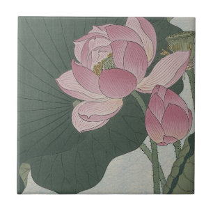 Blooming Lotus Flowers by Ohara Koson Ceramic Tile