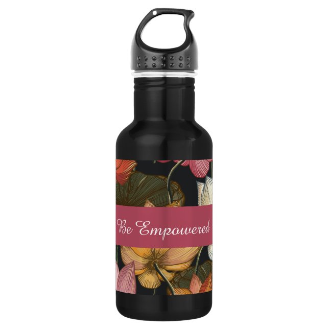 Blooming Lotus Water Lilies on Charcoal Black Stainless Steel Water Bottle (Front)