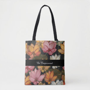 Blooming Lotus Water Lilies on Charcoal Black Tote Bag